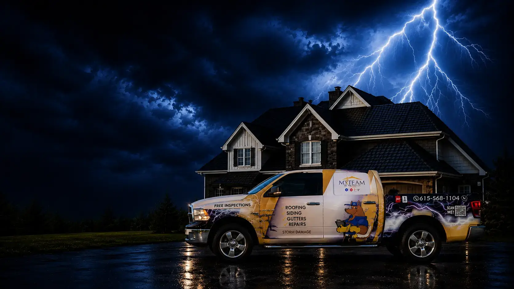 My Team on the Roof branded truck parked in front of a home during a storm