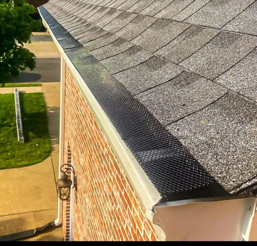 Gutter guard installed along a roof edge